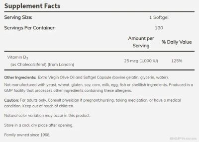 Витамин Д3 1000 IU х 180 меки капсули Now Foods | Vitamin D3