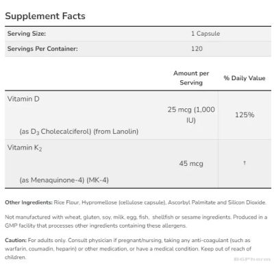 Витамин Д3 + К2 1000IU/45 мкг х 120 капсули Now Foods | Vitamin D-3 + K-2 MK4