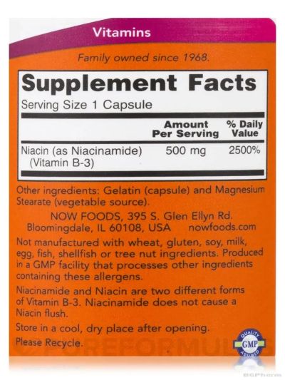Ниацинамид (Витамин Б3) 500 мг х 100 капсули Now Foods | Niacinamide