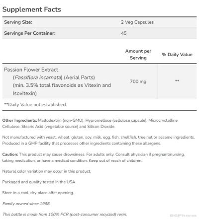 Пасифлора екстракт 3.5% 350 мг х 90 капсули Now Foods | Passion Flower