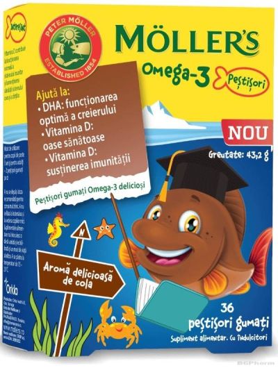 МЬОЛЕРС Омега 3 Рибено масло х 36 желирани рибки с вкус на кола за деца | Mölers Fish Oil