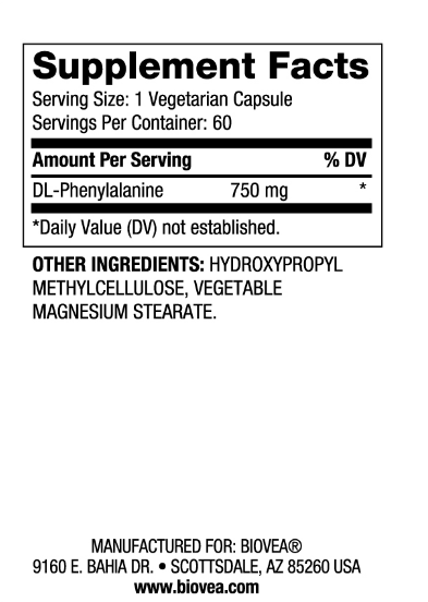 DLPA Д-Л-Фенилаланин 750 мг х 60 капсули Biovea | DL-Phenylalanine