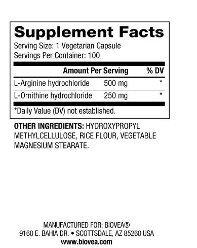 Л-Аргинин + Л-Орнитин 750 мг х 100 капсули Biovea | L-Arginine & L-Ornithine