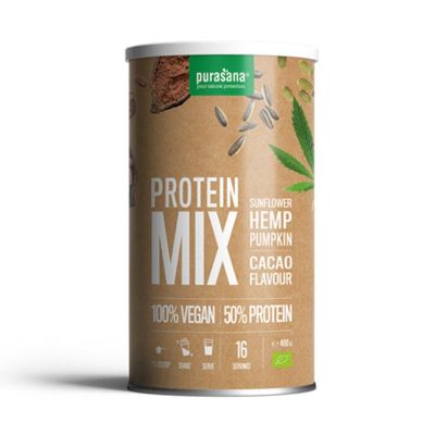 Веган протеин БИО МИКС ( тиквен, слънчогледов + конопен ) х 400 гр с вкус на шоколад PURASANA