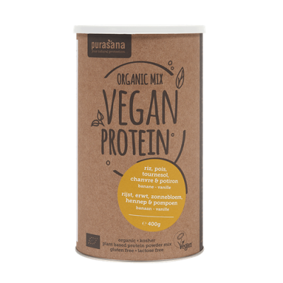 Веган протеин БИО МИКС ( грахов, тиквен, оризов, слънчогледов и конопен ) х 400 гр с вкус на банан и ванилия PURASANA