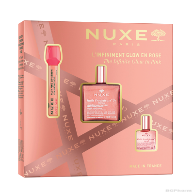 Нукс ПОДАРЪЧЕН КОМПЛЕКТ Prodigieuse Infinite Glow in PINK : Сухо масло с частици + Меден балсам за устни + Класическо сухо масло | NUXE 