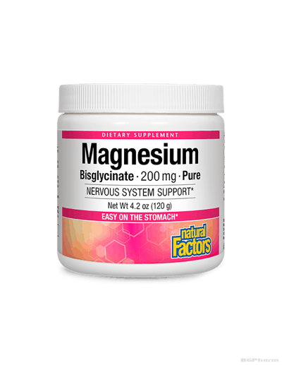 Магнезий (бисглицинат, хелатиран) 200мг 120гр на прах Natural Factors | Magnesium Bisglycinate